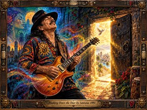 A richly detailed guitarist stands amid swirling blue, red, and gold energy beside a radiant open doorway overlooking a sunlit coastal village. Warm golden light contrasts with deep jewel tones, painted murals, flowers, and percussion instruments. The cinematic, painterly scene feels passionate, mystical, rhythmic, and triumphant within an ornate musical frame.