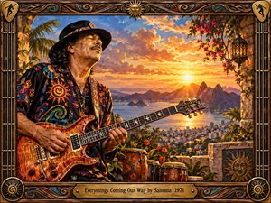 A soulful guitarist plays beside conga drums on a tropical terrace overlooking a glowing coastal city and distant mountains at sunset. Rich oranges, golds, blues, and turquoise fill the painterly scene with warmth and optimism. Ornate carved wood and bronze framing, floral details, lanterns, and sun symbols enhance the celebratory atmosphere.