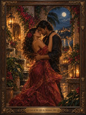 A moonlit courtyard frames an intimate couple embracing amid glowing lanterns, cascading water, lush flowers, and warm stone arches. Deep reds, amber gold, and midnight blue create a passionate, romantic mood. Painterly detail, flowing fabric, and luminous swirling lines give the scene sensual movement, warmth, and timeless devotion.