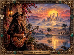 A richly painted guitarist stands beside a glowing desert oasis at sunset, surrounded by flowering stone walls, palms, distant riders, and a dreamlike palace shimmering through golden haze. Warm amber, turquoise, crimson, and violet tones create a mystical atmosphere, framed by ornate bronze guitar motifs and decorative inlays.
