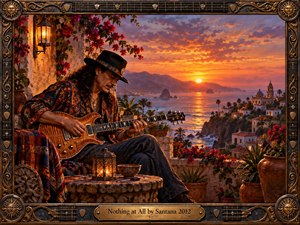 A long-haired guitarist plays on a flower-covered seaside terrace as a brilliant sunset glows across the water and distant coastal village. Warm oranges, reds, and golds create a reflective, romantic mood. Rich painterly detail, lantern light, tiled surfaces, carved framing, and musical ornaments reinforce the intimate atmosphere.