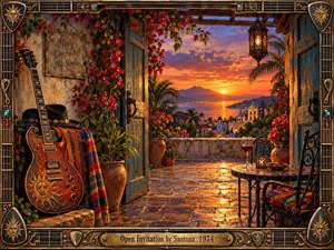A richly detailed Mediterranean courtyard opens toward a glowing coastal sunset, framed by weathered turquoise doors, flowering vines, lanterns, and ornate furnishings. Warm orange and crimson light reflects across stone tiles and water, while an embellished guitar, woven textiles, and decorative metalwork create an inviting, romantic, painterly atmosphere.