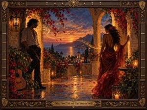A romantic twilight terrace overlooks a glowing coastal bay as two figures face each other across warm stone arches and cascading red flowers. Golden musical light curls between them, suggesting longing and connection. Rich amber, burgundy, bronze, and blue tones, candlelight, ornate guitar motifs, and painterly textures create a sensual, cinematic atmosphere.