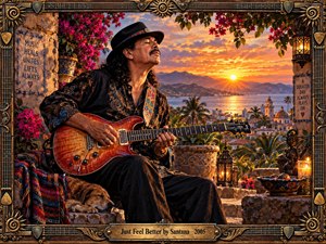 A soulful guitarist sits on a flowered stone terrace above a glowing coastal town at sunset, absorbed in the music. Warm orange, gold, and crimson light fills the richly detailed painterly scene, framed with ornate guitar-inspired metalwork, carved accents, candles, decorative pottery, and a peaceful sleeping dog.