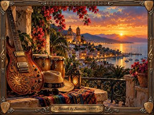 A richly detailed painted coastal sunset glows with orange, gold, and violet light over a lively harbor town. An ornate electric guitar, congas, lantern, straw hat, sunglasses, flowers, and woven fabric fill the foreground, creating a warm, romantic Latin atmosphere framed by intricate musical metalwork.