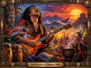 A soulful guitarist plays amid congas, tropical flowers, drifting smoke, and dancing silhouettes beneath a blazing orange sunset. Mountains, an ancient stone temple, and soaring bird deepen the spiritual atmosphere. Rich reds, golds, blues, and earthy tones combine with dramatic light in a detailed, psychedelic painterly style.