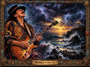 A passionate guitarist plays beside a storm-lashed coast beneath swirling blue, violet, and charcoal clouds. Lightning, crashing waves, glowing sunset light, and a distant lighthouse create dramatic tension. Rich painterly textures, warm amber guitar tones, ornate clothing, and an elaborate carved musical frame give the scene a powerful, cinematic atmosphere.