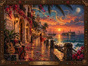 A richly textured oil painting captures a glowing Veracruz waterfront at sunset, where colonial arches, palms, flowers, lanterns, and a solitary figure line the reflective promenade. Turquoise waves meet fiery orange skies as luminous guitar-like ribbons drift overhead. An ornate carved frame and bronze title plate complete the romantic, rhythmic atmosphere.