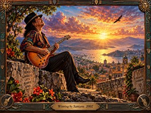 A guitarist sits above a sunlit coastal town, playing against a radiant sunset of gold, orange, and violet clouds. Warm flowers, stone terraces, soaring mountains, and reflective water create an uplifting, triumphant mood. Ornate guitar-inspired framing and a brass title plate complete the richly detailed painted composition.