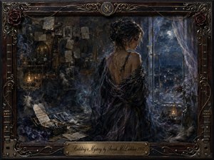 A solitary woman in a dark flowing gown stands within a shadowy, candlelit room, framed by moonlight and distant city lights. Deep blues, charcoal blacks, muted golds, and burgundy roses create a mysterious, romantic mood. Painterly textures, scattered photographs, handwritten pages, feathers, and ornate musical details suggest secrets, memory, and emotional intrigue.