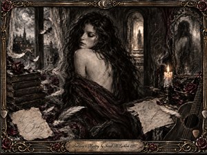 A mysterious dark-haired woman sits in a shadowy Gothic room, wrapped in deep burgundy fabric amid scattered feathers, roses, aged papers, and books. Moonlight enters through a distant city window while warm candlelight illuminates a mirror and acoustic guitar. Textured charcoal styling, ornate metalwork, and smoky shadows create haunting romantic intrigue.