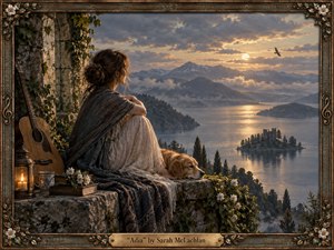 A contemplative woman sits beside a resting dog on a moss-covered stone overlook above a misty mountain lake. Golden sunset light filters through layered clouds, illuminating distant peaks, islands, and a ruined tower. Rich bronze, teal, amber, and cream tones create a melancholy, intimate atmosphere in ornate handcrafted fantasy realism.