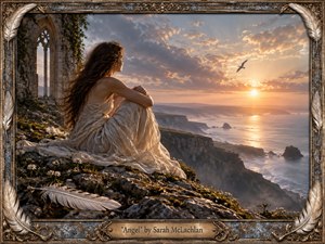 A solitary woman in a flowing ivory dress sits on a rugged coastal cliff beside weathered ruins, gazing toward a glowing sunset over misty seas. Warm gold, blue-gray, and cream tones create a serene, wistful mood. Photorealistic detail, soft atmospheric light, feathers, flowers, and an ornate aged frame enhance the dreamlike symbolism.