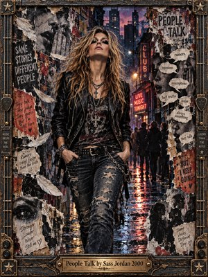 A defiant blonde rocker strides through a rain-slick alley, surrounded by torn posters, whispering faces, and drifting scraps of gossip. Neon reds and violet dusk illuminate shadowy crowds and glistening pavement. Gritty mixed-media textures heighten the rebellious mood, while a weathered, guitar-inspired metal frame encloses the dramatic portrait.