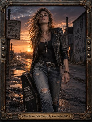 A defiant woman in a leather jacket strides along a rain-soaked industrial road, carrying a battered guitar case. Golden sunset light reflects across puddles beneath stormy skies. Cinematic photography captures windblown hair, gritty textures, and rebellious confidence. Weathered metalwork, guitar strings, amplifier knobs, and an engraved title plate frame the scene.