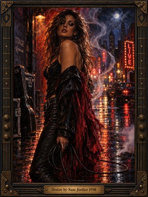 A windswept woman in dark leather stands in a rain-soaked city alley, surrounded by drifting smoke and glowing neon. Crimson and amber reflections shimmer against midnight blue shadows. Expressive oil brushwork captures smoldering passion and restless energy, while a decorative bronze frame with guitar-inspired details completes the dramatic composition.