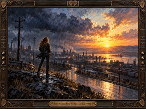 A lone woman stands on a rain-soaked ridge above an industrial harbor, facing a golden sunrise breaking through dark storm clouds. Winding roads, railways, smokestacks, and shimmering water stretch below. Expressive oil brushwork blends charcoal blues with fiery amber, while an ornate guitar-inspired wooden frame reinforces the atmosphere of resilience and hope.
