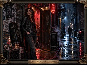 A leather-clad woman stands outside a smoky blues club as a shadowy figure retreats through a rain-soaked alley. Crimson neon spills across wet pavement beneath cold blue streetlights. Torn posters, a guitar case, and a whiskey glass deepen the gritty, defiant mood. Ornate brass guitar hardware frames the cinematic scene.