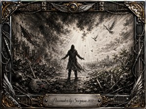 A lone peacemaker stands amid a shattered battlefield as storm clouds part into radiant light and doves rise toward a calmer horizon. Deep charcoal textures, smoky blacks, silvery grays, faint ember reds, and dramatic illumination create a tense yet hopeful mood, framed by ornate chrome, gold, guitar strings, cables, wings, and engraved metalwork.