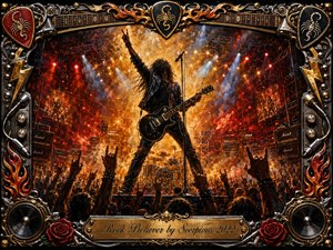 A fierce guitarist commands a blazing concert stage, surrounded by roaring crowds, raised hands, amplifiers, drums, and dramatic spotlights. Fiery reds, molten golds, and deep blacks create an electrifying, triumphant mood. Rich oil-painted textures fill the scene, framed by chrome, flames, scorpion emblems, roses, speakers, and ornate gold detailing.