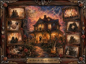 A warmly glowing house stands at twilight, surrounded by vintage framed memories of love, concerts, motorcycles, and music. Rich amber, rose, burgundy, and blue tones create a nostalgic, enduring mood. Painterly oil, acrylic, and watercolor textures blend with roses, guitars, sheet music, chrome, gold filigree, and an ornate rock-inspired frame.