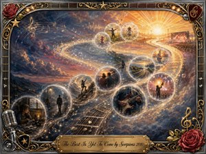 A sweeping rock-inspired timeline curves through luminous memory bubbles toward a brilliant sunrise and distant concert stage, symbolizing hope and possibility. Rich blues, amber gold, and fiery orange glow beneath dramatic painterly skies. Guitars, roses, musical notes, and ornate metallic framing add nostalgic detail, energy, romance, and triumphant anticipation.