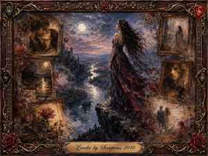 A mysterious woman in a flowing burgundy gown stands above a moonlit river, surrounded by fading romantic memories in ornate rosewood frames. Cool blues, violets, silver light, and warm sepia tones create a wistful, seductive mood. Painterly oil, acrylic, and watercolor textures blend roses, musical details, mist, and golden filigree.