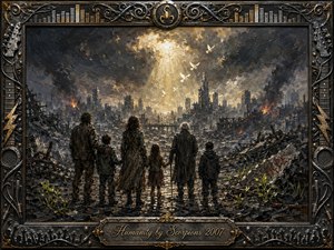 A somber group of survivors faces a shattered, burning city beneath turbulent charcoal-gray skies, where a radiant golden opening releases white birds and fragile hope. Thick oil-painted textures, smoky blacks, rusted browns, and warm light create dramatic contrast. An ornate metallic music-themed frame and engraved title plate complete the haunting composition.