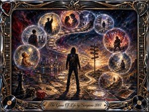 A lone rocker stands at a symbolic crossroads beneath an S-curve of glowing memory bubbles depicting life, love, ambition, struggle, performance, and hope. Midnight blues, crimson, gold, and amber create a dramatic cinematic glow. Surreal acrylic-style textures, dice, cards, chess pieces, and an ornate chrome-and-gold musical frame enrich the reflective scene.