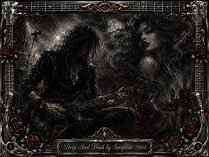 A shadowed guitarist plays beneath a pale moon as a ghostly woman emerges from swirling charcoal darkness. Deep blacks, smoky grays, muted crimson roses, and antique gold accents create a brooding gothic mood. Dramatic spotlighting, textured charcoal strokes, ornate guitar-string framing, microphones, roses, and a sculpted title plate complete the composition.
