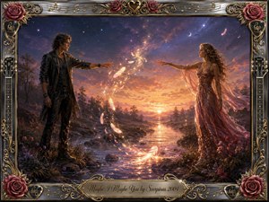 A romantic oil-painted twilight scene shows a man and woman reaching toward each other across a glowing stream, connected by swirling feathers and golden sparks. Warm amber, rose, violet, and deep blue tones create a hopeful, dreamlike mood. An ornate chrome-and-gold musical frame with roses and guitar details completes the composition.