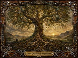 A monumental ancient tree dominates a vast golden landscape, its twisting trunk forming a contemplative human face while ghostly portraits emerge among dense branches. Warm sunset light, earthy browns, deep greens, and antique gold create a mystical, introspective mood. Ornate rosewood, guitar strings, metal hardware, and engraved details frame the richly textured fantasy painting.