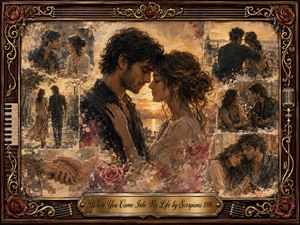 A tender couple stands at the heart of a nostalgic romantic collage, surrounded by faded scenes of shared memories, clasped hands, quiet walks, and affectionate moments. Warm gold, rose, cream, and sepia tones glow beneath sunset lighting. Painterly oil, acrylic, and watercolor textures blend into an ornate rosewood musical frame.