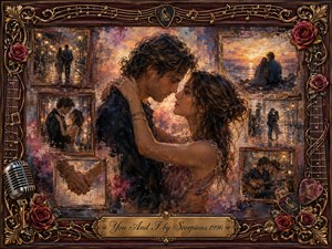 A romantic couple embraces beneath warm golden light, surrounded by softly faded scenes of shared memories. Rich rosewood framing, roses, guitar strings, musical notes, picks, and a vintage microphone enhance the nostalgic composition. Layered oil-and-watercolor textures blend amber, burgundy, violet, and blue into a tender, dreamlike atmosphere.