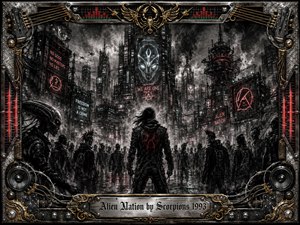 A lone rebel faces a crowded alien metropolis beneath towering industrial spires, propaganda screens, smoke, and neon haze. Deep feathered charcoal creates a gritty, dystopian mood, punctuated by red and teal light. Wet streets reflect the city glow, while a chrome-and-gold musical frame reinforces the aggressive futuristic rock atmosphere.