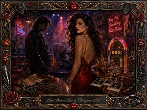 A seductive woman in a crimson dress dominates a smoky neon rock club, glancing back with dangerous confidence as a shadowed man retreats behind her. Deep reds, black, gold, and violet lighting create a tense, deceptive mood. Rich painterly textures, scattered photographs, roses, instruments, and an ornate music-themed frame intensify the drama.