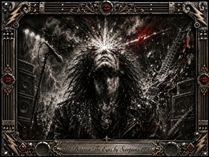A fierce long-haired rocker stands beneath stormy stage lights as a blinding burst explodes between his eyes. Deep charcoal textures, smoky blacks, silver highlights, and vivid crimson streaks create a violent, electrified mood. Guitars, speakers, lightning, and flying debris surround him within an ornate chrome-and-gold rock-themed frame.