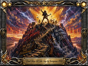 A triumphant guitarist stands atop a rugged concert mountain, blazing beneath golden spotlights, lightning, and fiery clouds while a vast crowd stretches below. Dramatic oil-paint textures, deep blues, purples, oranges, and glowing gold create fierce momentum. Chrome-and-gold rock memorabilia frames the scene, emphasizing ambition, energy, victory, and relentless ascent.