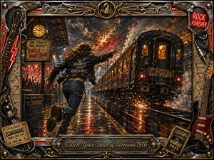 A long-haired rocker races along a rain-slicked station platform toward a speeding night train, surrounded by sparks, steam, and concert-like lights. Fiery oranges, reds, golds, and deep metallic blues heighten the urgency. Rich oil-painted textures, dramatic motion, and an ornate chrome-and-gold rock memorabilia frame create a rebellious, cinematic atmosphere.