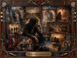 A brooding rock musician sits amid a layered collage of framed memories, including lonely roads, lovers, city lights, concerts, and vintage portraits. Deep browns, blacks, golds, and ember-orange highlights create a nostalgic, introspective mood. Painterly textures, dramatic stage lighting, vinyl records, guitar strings, and ornate metallic framing enrich the composition.