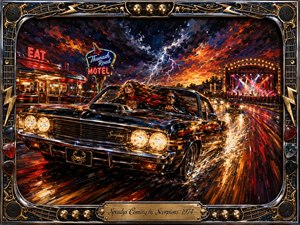 A gleaming black muscle car races through a neon-lit night toward a roaring concert stage, its headlights blazing across rain-slick pavement. Fiery orange clouds, blue-black storm skies, and lightning amplify the excitement. Thick oil-paint textures, chrome reflections, vintage diner signs, and an ornate musical frame create a rebellious 1970s rock atmosphere.
