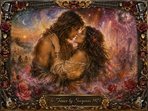 A passionate couple embraces at the heart of a dreamlike psychedelic rock scene, surrounded by roses, guitars, stage lights, and swirling violet-gold haze. Warm sunset tones blend with smoky purples and crimson highlights. Painterly textures, romantic lighting, ornate musical framing, and the engraved title plate create a hypnotic 1970s atmosphere.