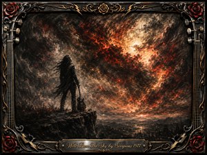 A lone long-haired guitarist stands on a rugged cliff beneath a violently burning sky, surrounded by swirling charcoal clouds, crimson embers, and golden firelight. The mood is mournful, dramatic, and defiant. Deep textured charcoal styling blends with painterly highlights, while an ornate metallic frame features roses, guitar strings, lightning bolts, and engraved titlework. SongData_WellBurnTheSky_Scorpions_1977
