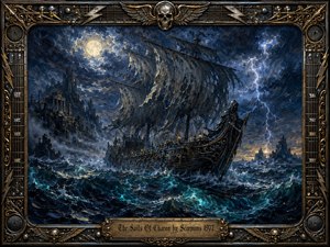 A ghostly black-sailed ship battles through a violent moonlit sea beneath flashing lightning and storm-dark skies. Deep blues, turquoise waves, silver highlights, and antique gold details create a sinister, mythic atmosphere. Thick painterly textures energize the scene, while the ornate guitar-inspired frame, skulls, wings, and engraved title plate add dramatic rock symbolism.