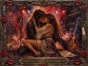 A passionate long-haired couple embraces in a smoky backstage setting, surrounded by guitars, amplifiers, candles, roses, and scattered stage gear. Rich reds, amber golds, deep blues, and violet shadows glow beneath theatrical lights. Expressive mixed-media brushwork creates a romantic, nostalgic rock atmosphere, framed by ornate chrome, gold filigree, musical details, and red lips.