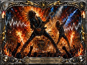 A fiery rock concert erupts with a guitarist and vocalist commanding the stage amid blazing pyrotechnics, glowing amplifiers, and raised crowd silhouettes. Explosive oranges, reds, blacks, and electric blues create intense energy beneath dramatic spotlights. Thick expressive paint textures enhance the chaos, framed by chrome, gold lightning, flames, and musical hardware.