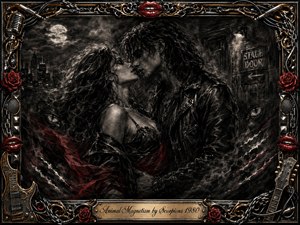 A charcoal-dark couple leans toward a near kiss beneath a cloudy moon, surrounded by smoky city shadows, feline eyes, and crimson claw-like streaks. Silver-gray lighting heightens the dangerous sensual mood. An ornate chrome-and-gold rock frame features red lips, roses, chains, microphones, guitars, studs, and an engraved title plate.