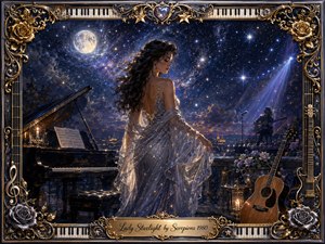 A graceful woman in a shimmering silver gown stands beneath a moonlit, star-filled sky overlooking a distant city. Deep blues, violet highlights, and warm gold accents create a romantic, dreamlike mood. A piano, acoustic guitar, roses, and distant guitarist frame the scene, surrounded by an ornate chrome-and-gold musical border.