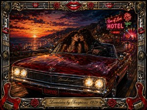 A passionate couple cruises a gleaming red convertible along a coastal highway at sunset, surrounded by fiery orange skies, neon motel lights, and distant stage glow. Rich oil-painted textures, chrome reflections, roses, guitars, red lips, and gold filigree create a seductive, rebellious rock-romance mood within an ornate musical frame.