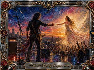 A leather-clad guitarist reaches toward an ethereal woman glowing above a vast nighttime concert crowd, symbolizing desire made tangible. Rich blues, crimson, amber, and gold blend through expressive painterly textures and dramatic sunset lighting. An ornate chrome-and-gold musical frame, roses, microphones, records, and guitars surrounds the energetic, romantic scene.